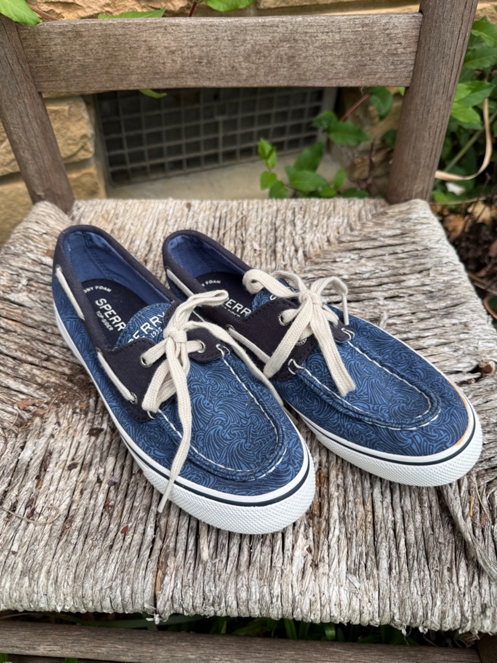 Sperry Woman’s Navy Patterned Canvas Boat Shoes with Cream Laces